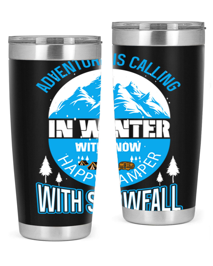 Camping Winter 39# Tumbler in stainless steel with a drink-thru lid, showcasing its sleek design and double wall insulation.